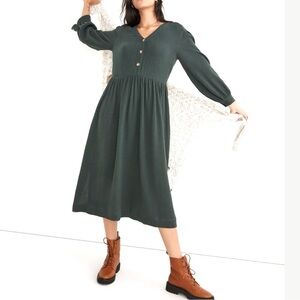 Madewell Lightspun Midi Dress Button Front Long Sleeve Dark Palm Cottagecore